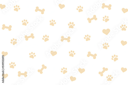 Seamless Pet Pattern Background with Beige Paw Prints, Dog Bones and Hearts on White for Cute Animal or Veterinary Design