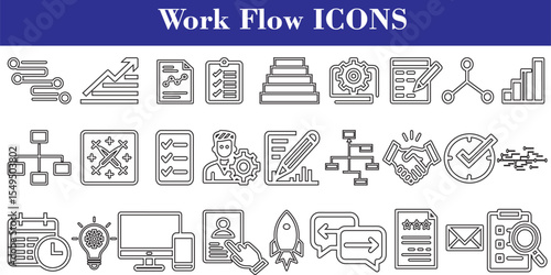 A comprehensive set of workflow icons featuring process management, project planning, team collaboration, and business growth elements designed for presentations branding and website design projects.