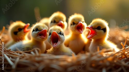 Group of ducklings chirping together in nest  
