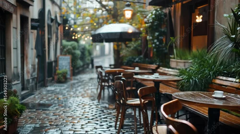 Rainy day cafe scene in cobblestone alley Rainy day cafe scene in cobblestone alley