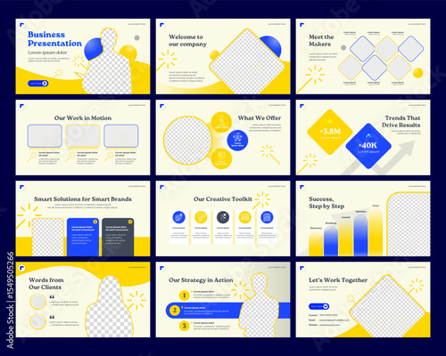 A clean, modern business PowerPoint template in yellow and blue. Includes 12 slides ideal for company profiles, marketing pitches, strategy decks, and startup presentations.