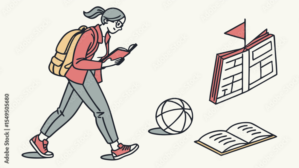 Fototapeta premium Walking Student Girl Reading Book with Backpack and Ball.