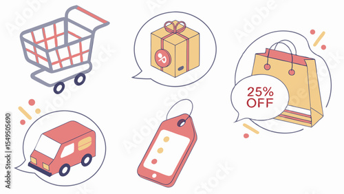 Isometric Illustrations of Shopping Cart Gift Box and Shopping Bag.