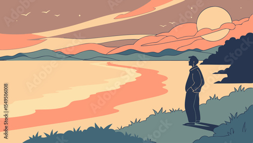 Silhouette of a Man Contemplating a Serene Sunset Landscape.