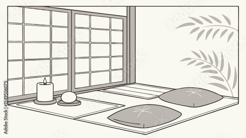 Tranquil JapaneseStyle Room with Cushions and Window.