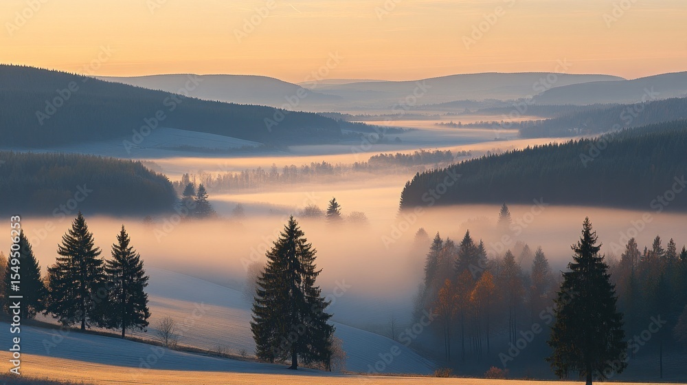 Fototapeta premium Misty mountain valley at dawn