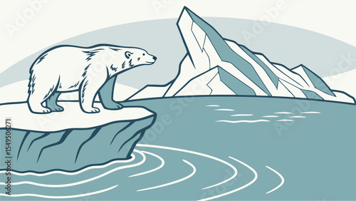 Polar Bear Standing on Ice Near Arctic Iceberg and Water.