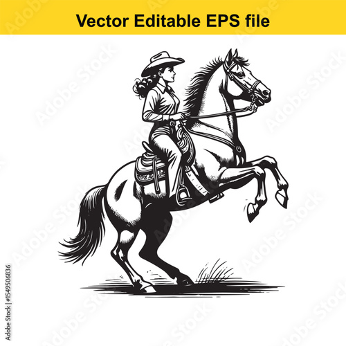 Wallpaper Mural Dynamic Black and White Illustration of a Cowgirl Riding a Galloping Horse with Lasso Raised in Action and Determination in a Vector Editable Format Torontodigital.ca