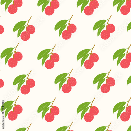 Seamless pattern with hand drawn lychee fruit branch. Tropical summer background with exotic red lychee. Asian botanical wallpaper for kitchen, packaging, textiles, wrapping paper.