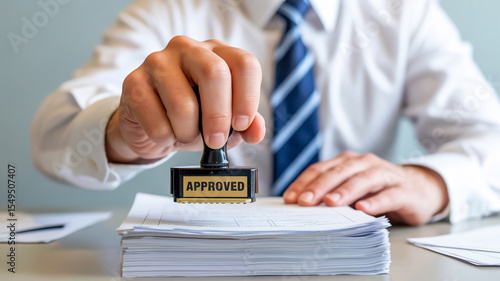 A close-up photograph of a hand stamping a black rubber stamp on white paper documents.