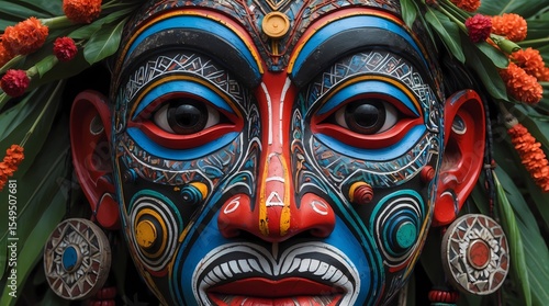 Vibrant Tribal Mask Adorned with Flowers