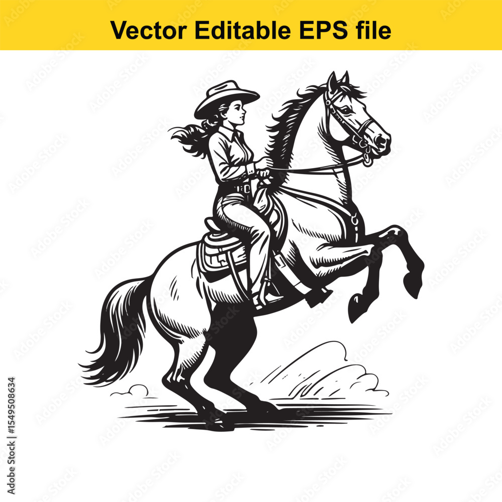 Obraz premium Dynamic Black and White Illustration of a Cowgirl Riding a Galloping Horse with Lasso Raised in Action and Determination in a Vector Editable Format