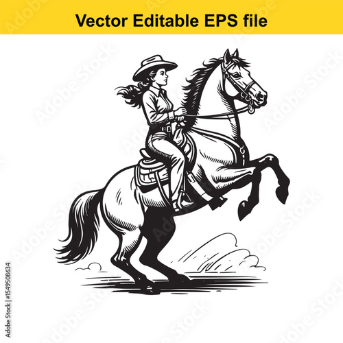 Dynamic Black and White Illustration of a Cowgirl Riding a Galloping Horse with Lasso Raised in Action and Determination in a Vector Editable Format