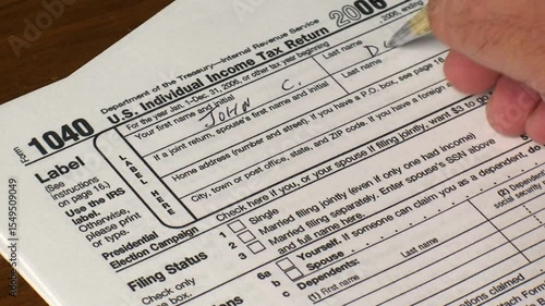 Filling individual income tax return forms 1040 with fake identity. Making financial report. Home finances economy