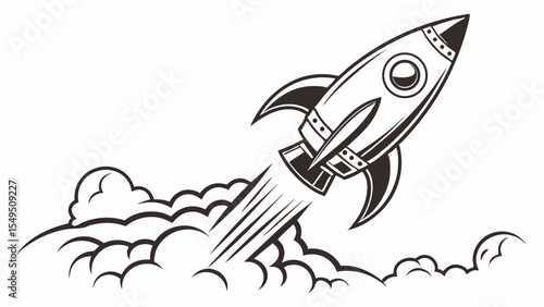 Black and White Rocket Ship Taking Off with Smoke.