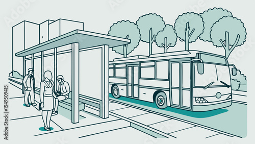 City Bus Stop with Passengers Waiting for Transportation.
