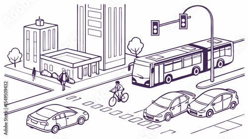 City Street Scene Bus Cars Cyclist and Pedestrians.