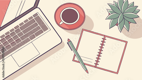 Flat Lay of Laptop Coffee Notebook and Succulent.