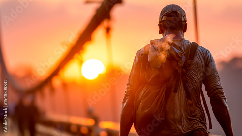 Fototapeta Naklejka Na Ścianę i Meble -  A person with a backpack walking into the sunset over a suspension bridge.  Focus on fitness, travel, and the outdoors.