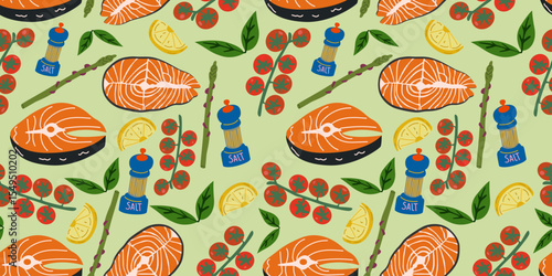 Hand drawn food seamless pattern. Mediterranean background for wallpaper, textile, fabric, wrapping paper. Salmon steak, asparagus, cherry tomato, lemon
