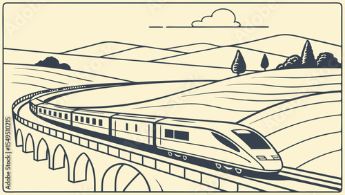 HighSpeed Train Crossing Rolling Hills and Viaduct.