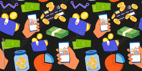 Vector finance seamless pattern. Money, bitcoin, crypto. Cartoon business background with dollars, money, wallet, coins. Print for textile, fabric, wallpaper, web design, background