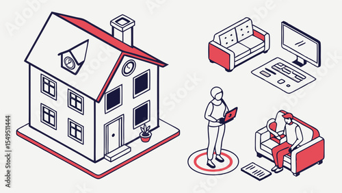 Isometric Illustration of Home People Working Remotely and Living Room Setup.