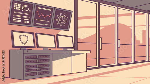 Modern Server Room with Multiple Monitors and Rack.