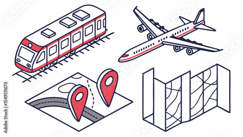 Isometric Travel Icons Train Airplane Map and Folded Map.