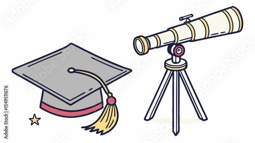 Graduation Cap and Telescope Symbol of Knowledge and Exploration.