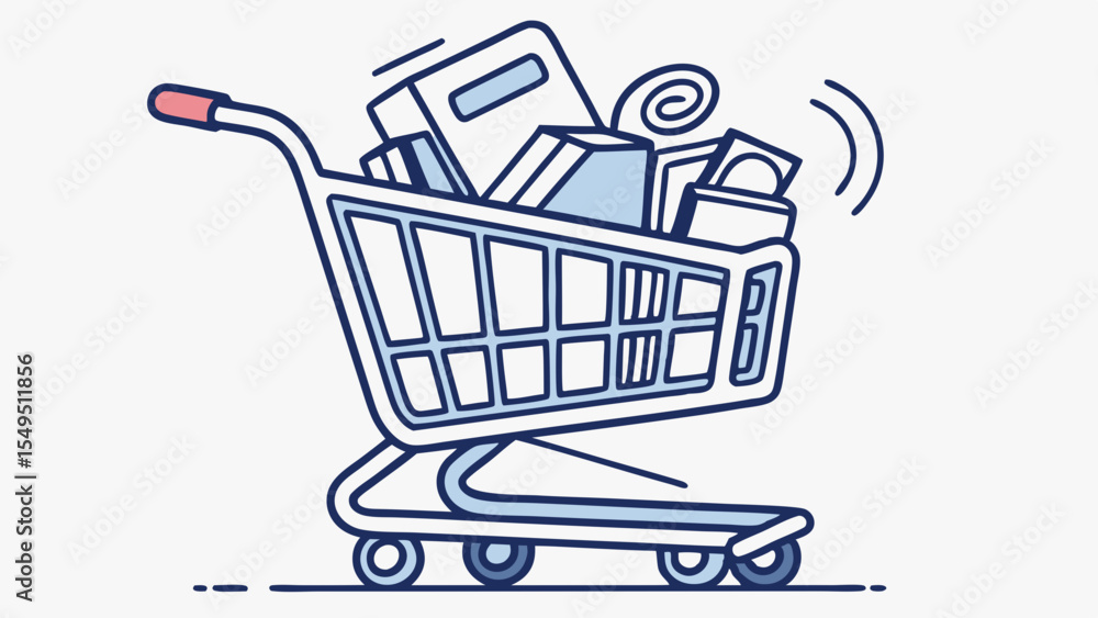 Shopping Cart Overflowing with Various Purchased Goods Illustration. Shopping Cart Overflowing with Various Purchased Goods Illustration.
