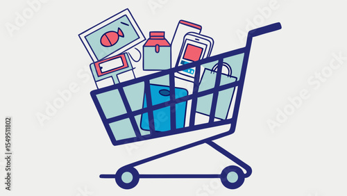 Shopping cart filled with various items including food electronics and a bag.