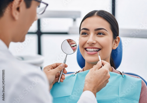 Wallpaper Mural Cheerful Patient with Braces Receiving Professional Dental Examination in Modern Clinic Torontodigital.ca
