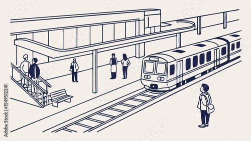 Train Arriving at Modern Platform with Passengers.