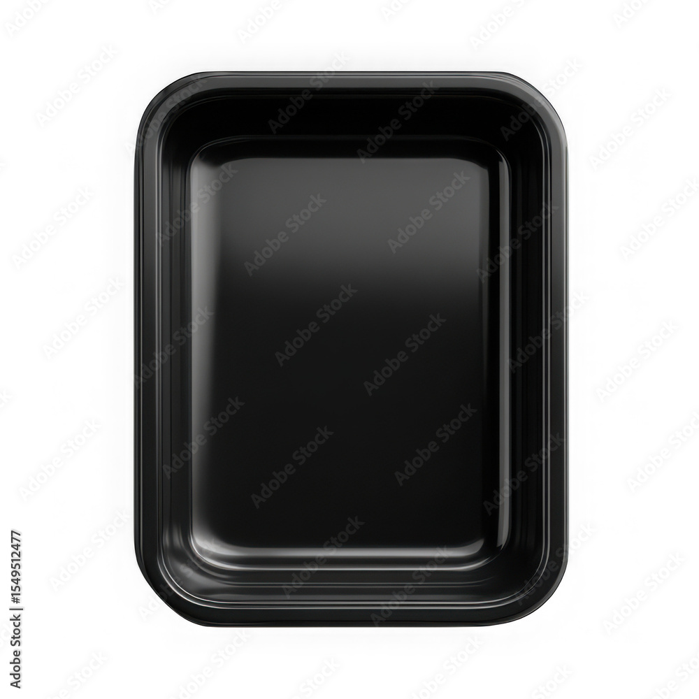 A close up shot of a black rectangular plastic food container on white background A close up shot of a black rectangular plastic food container on white background