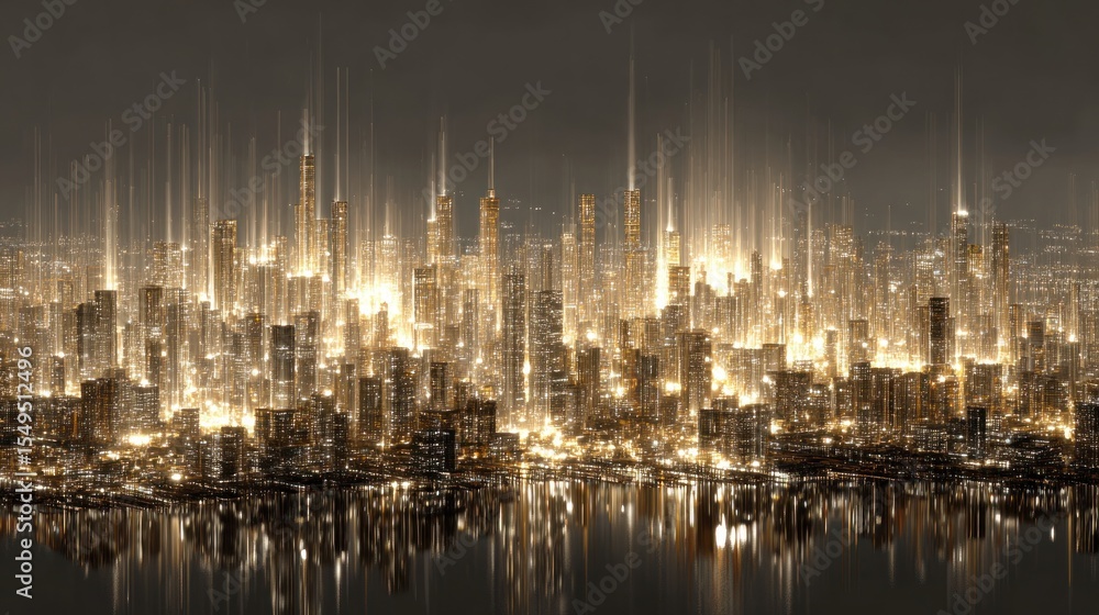 Fototapeta premium Golden city skyline at night, reflected on water