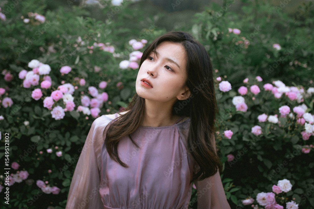 Young Asian woman among blooming pink flowers. Young Asian woman among blooming pink flowers.