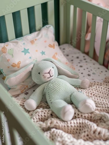 A green crib adorned with a plush bunny and a knitted blanket. Subtle decor includes stars and pastel accents.