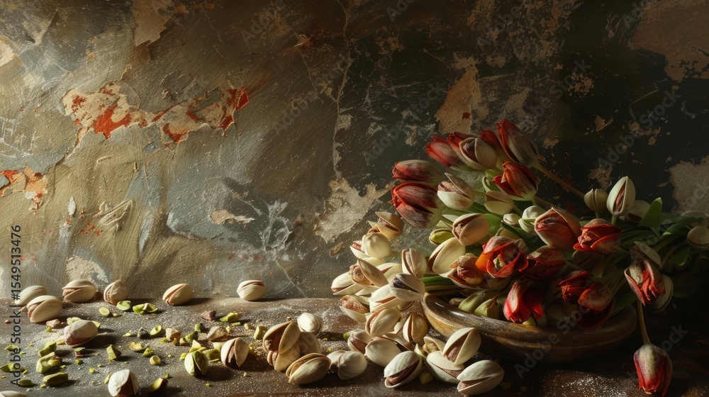 Fototapeta premium Pistachio nuts are scattered decoratively around the base, with some still in their shells.