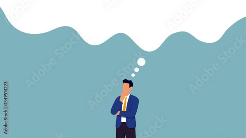 businessman with thinking cloud or bubble chat illustration, thinking of solution as thought bubble, blank cloud over head