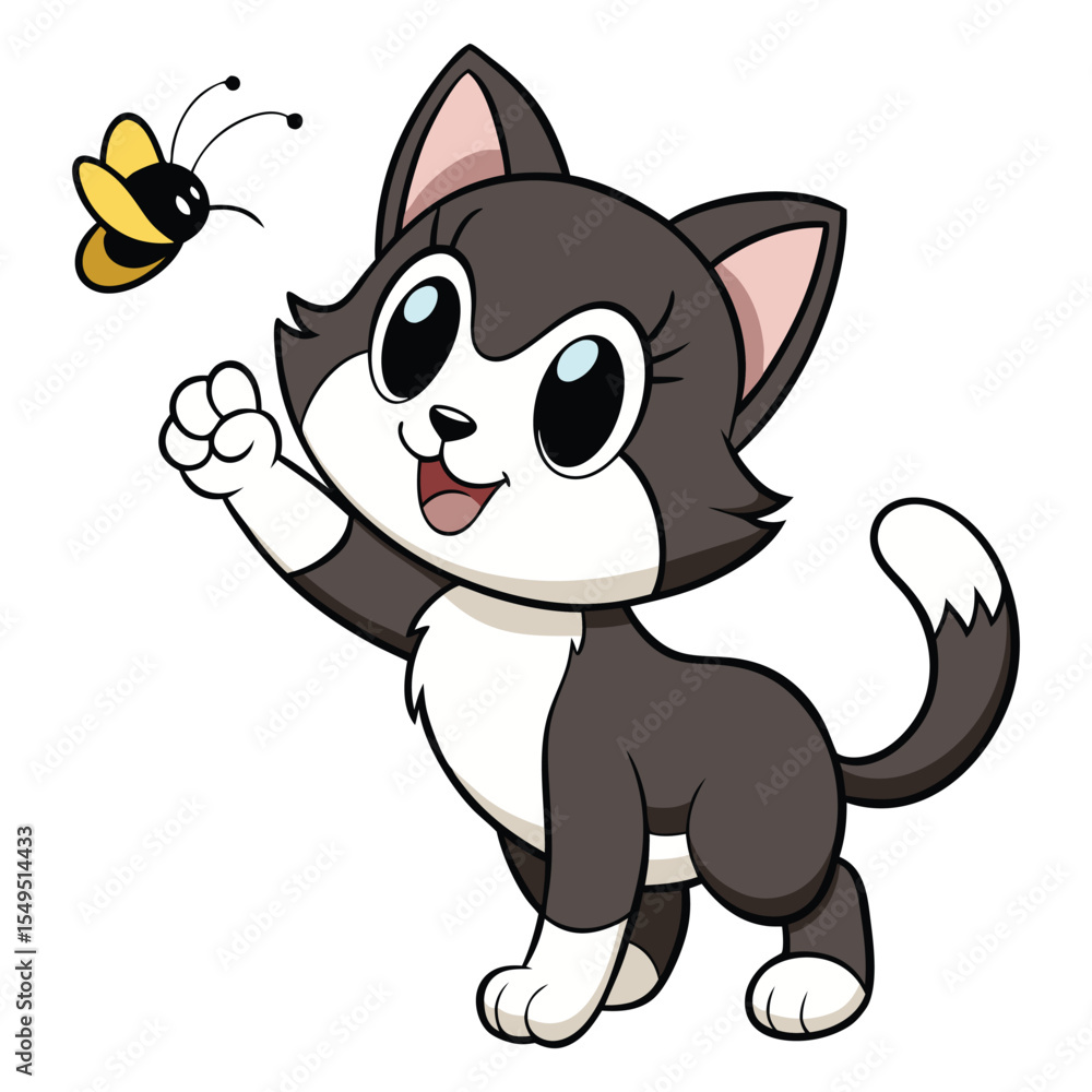 Cute Cartoon Black and White Kitten Playing with Bee Clipart
Cute Cartoon Black and White Kitten Playing with Bee Clipart