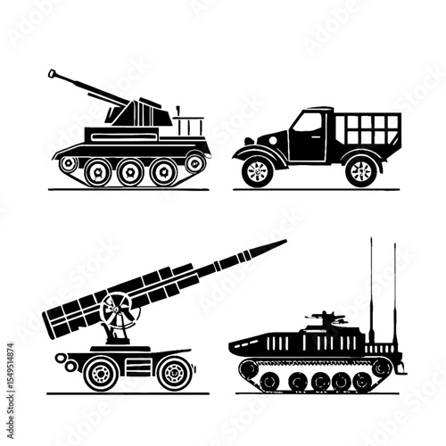 Military Vehicles and Weaponry Silhouette Set