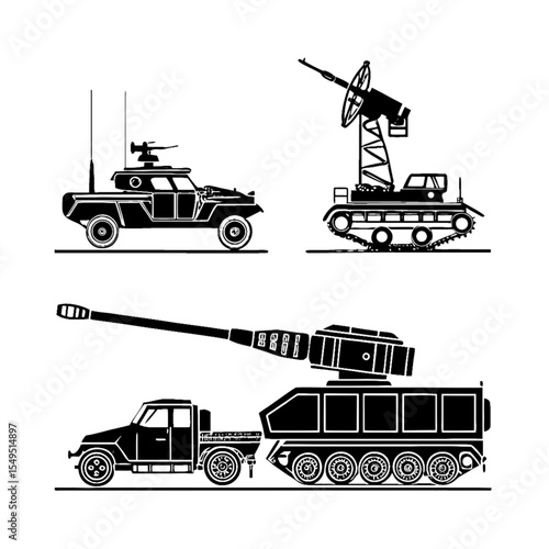 Military Vehicles and Combat Equipment Silhouette Set