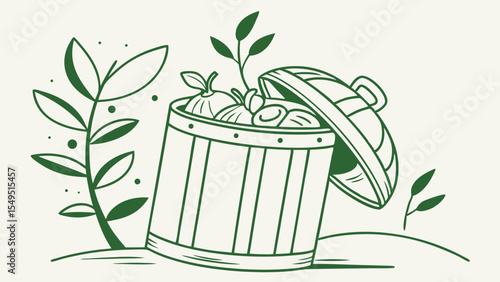 Green Line Art Illustration of Compost Bin with Vegetables.