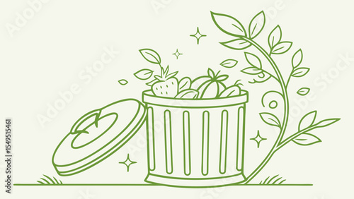 Green Line Art Compost Bin with Fruit and Growing Plant.