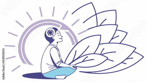Serene Person Meditating with Sun and Leaves Illustration.