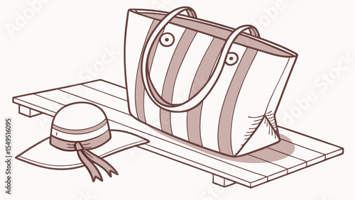 Striped Beach Bag and Hat on Wooden Surface Illustration.