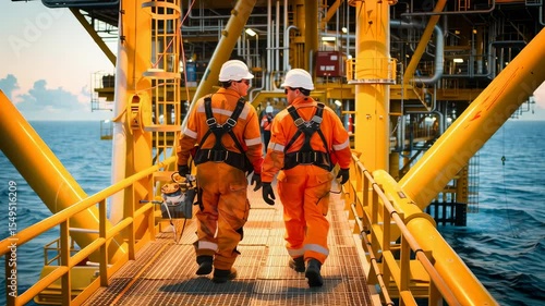 Two oil and gas workers on an industrial platform