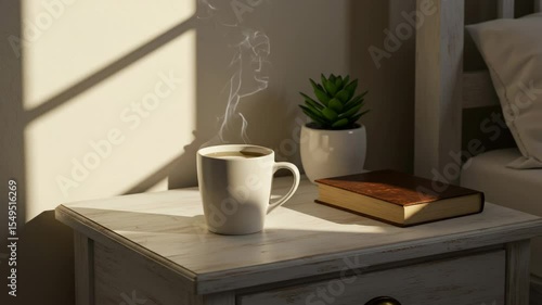 Serene Morning Ritual: A close-up shot captures the essence of a peaceful morning, with a steaming mug of coffee alongside a book and a succulent plant, bathed in the soft glow of sunlight.