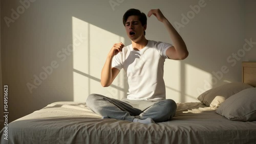 Morning Ritual: A young person sits cross-legged on a bed, awakening to a new day. The room is bathed in soft, warm sunlight, creating a sense of tranquility.